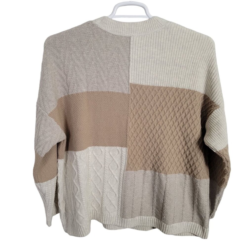 J Jill Size 2X Cardigan V-neck Sweater Multi Knit Color Block Textured Tan Cream - Picture 3 of 8